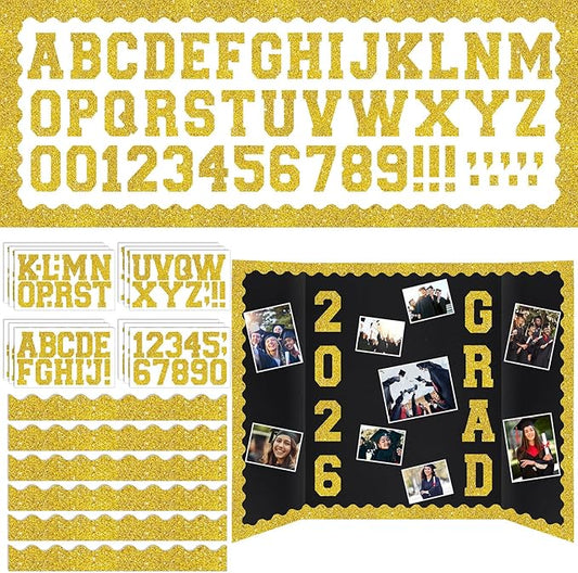 Gold 175 Pcs Graduation Photo Display Board Sticker Glitter Border Trim Alphabet Letter Number for 2026 Grad Party Trifold Poster Photo Display Event Displays Bulletin Board