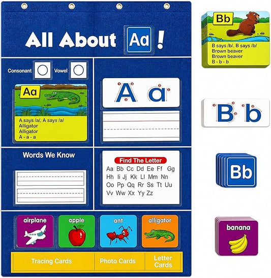 TEPU Alphabet Learning Pocket Chart for Kids, ABC Wall Chart with Flash Cards, Letter Tracing & Handwriting Practice, Preschool Kindergarten Homeschool Learning Activities, All Bbout 26 Letters Set