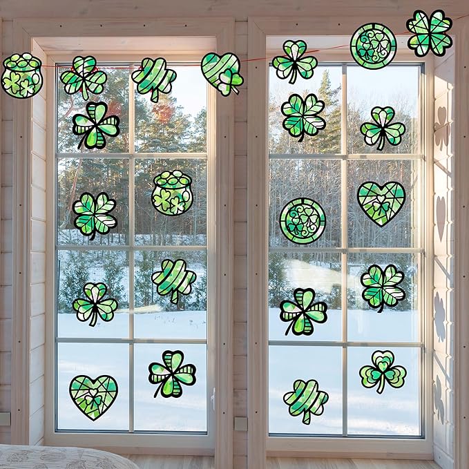 Renbuzhu 40PCS St. Patricks Day Crafts Bulk: Paper Shamrock Suncatchers, Saint Patrick's DIY Kits, Window Stained Glass Effect Art Supplies