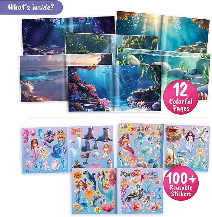 BSCOOL Mermaid Kingdom Reusable Sticker Book, 100+ Stickers, Underwater Fantasy Activity Book - Mermaid Sticker Dress Up for Girls Ages 4-6. Airplane Stickers Book for Toddlers. Gift for Girls