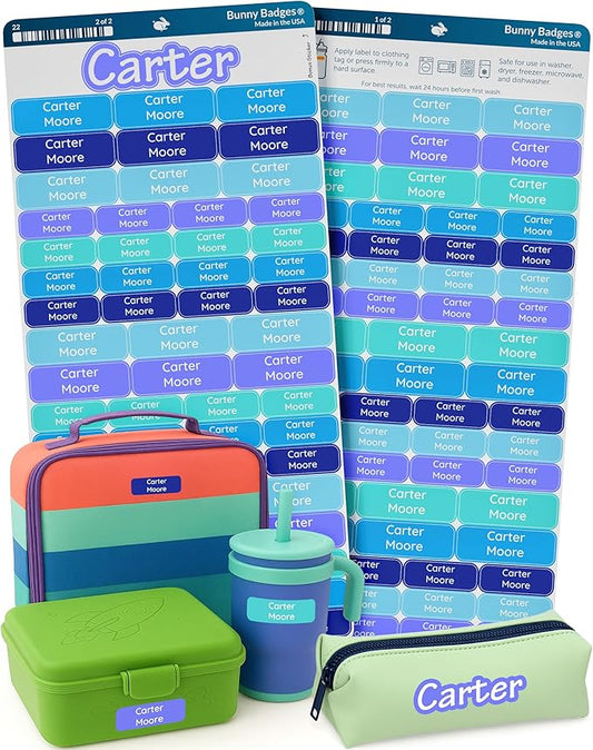 Bunny Badges Personalized Daycare Name Labels for Kids (120 Labels) Custom Label for Clothing Tag - Waterproof Name Stickers for Clothing Tags, Bottles, Backpacks and School Supplies (Aquatic)