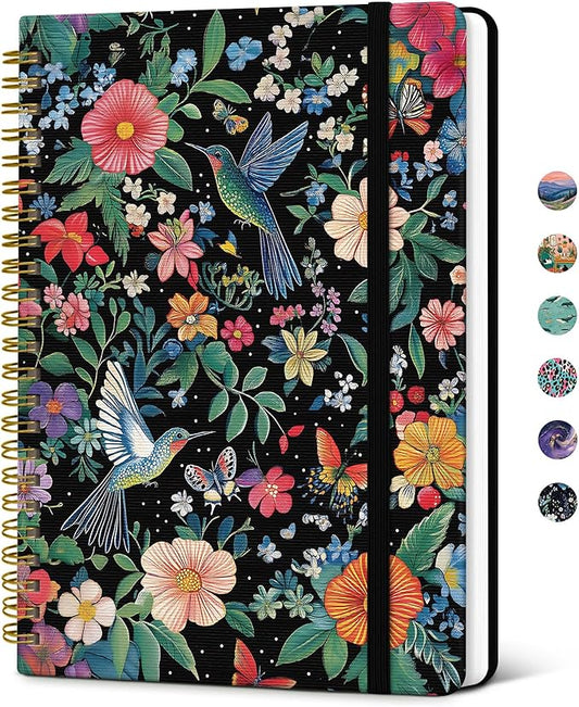 Taja Spiral Lined Journal for Women, Notebook for Work with Pretty Cover, 140 College Ruled Pages, Hardcover Notebook for Journaling, Note Taking, Bible Study, Hummingbird