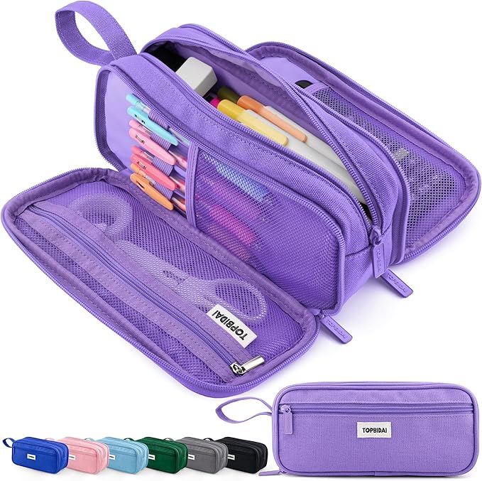 TOPBIDAI Large Pencil Case Pouch for Girls Boy Women Men Adults | Big Capacity Canvas Pencil Bag, Office School Supplies, Multi Compartment Zipper Stationery Pen Box(Full Purple)