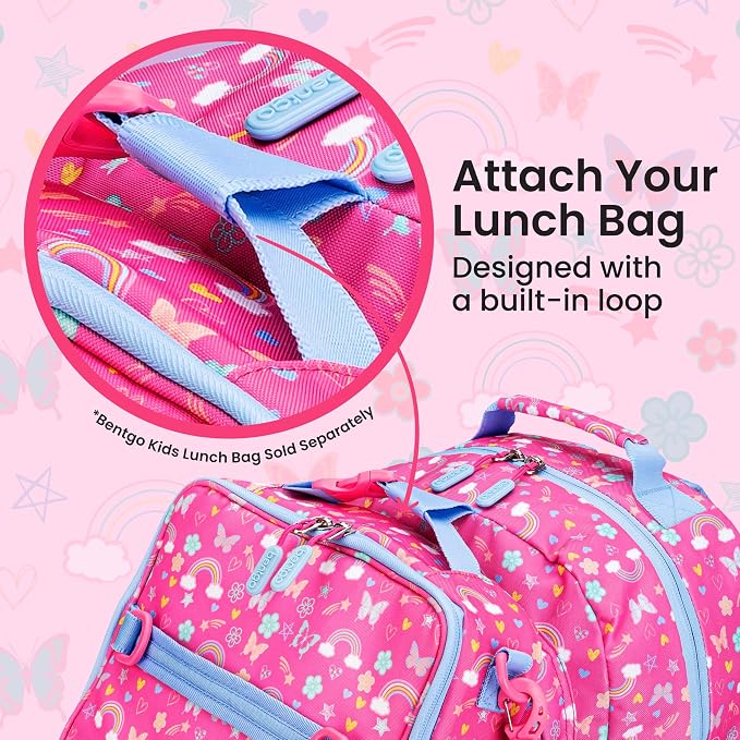 Bentgo Kids Backpack - Lightweight 14” Backpack in Fun Prints for School, Travel, & Daycare, Ideal for Ages 4+, Roomy Interior, Durable & Water-Resistant Fabric, & Loop for Lunch Bag (Rainbows)