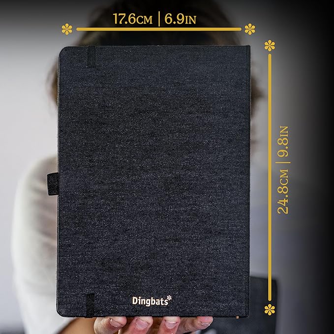 Dingbats* Pro Plain Large B5 Notebook - Black Textile Cover, Thread-Bound Writing Journal - for Work, Travel - Pocket, Elastic Closure, Bookmark