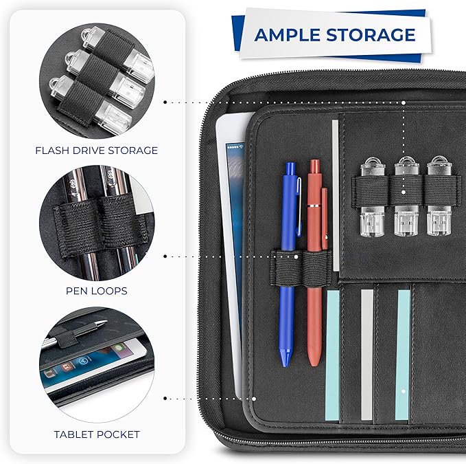 Samsill Professional Padfolio, Faux Leather Junior Portfolio with Zipper, 10.1 Inch Tablet Sleeve, with 7 x 10 Inch Notepad, Black