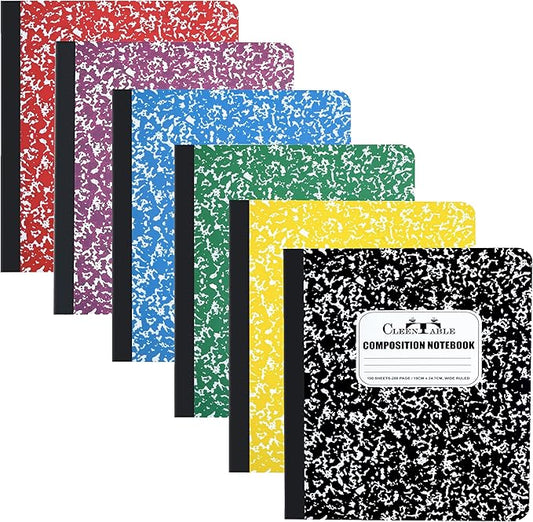 CLEENTABLE Composition Notebook 6 Pack, Wide Ruled Paper, Marble Cover Notebooks for School, 9.75 x 7.5 Inches, 100 Sheets (200 Pages), Sewn Binding Comp Books, Multicolor