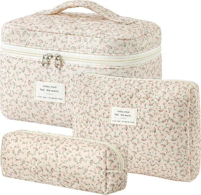 HBselect Quilted Makeup Bag, 3Pcs Cotton Large Travel Makeup Bags Organizer | Cute Floral Make up Bag Cosmetic Bag Toiletry Bag for Women Girls, Makeup Pouch for Skincare, Brushes & Travel Essentials