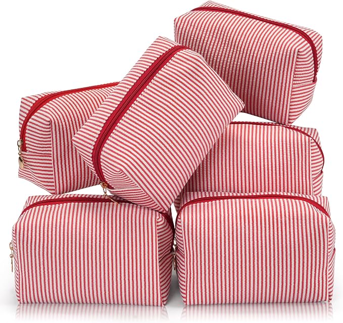 Makeup Bag Set for Women, 6PCS Travel Cosmetic Bags Pencil Case, Striped Seersucker Toiletry Organizer Pouches, Cute Makeup Pouch for Purse, Accessories and Gifts, Red