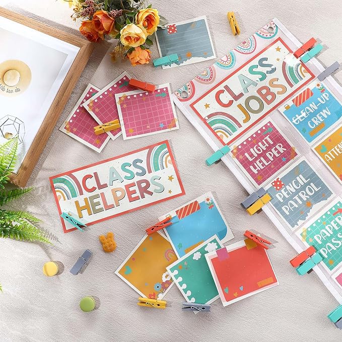 Pasimy Class Jobs Pocket Chart Class Helpers Pocket Chart Classroom Jobs Cards with Clips and Hooks Teacher's Helper Bulletin Board Set for Back to School Classroom Teacher Supplies (Rainbow)