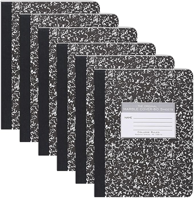 ROARING SPRING Hard Cover Composition Notebook, 6 Pack, Black Marble Comp Book, 9.75″ x 7.5″, College-Ruled with Margin, 80 Sheets (160 Pages), Made in USA