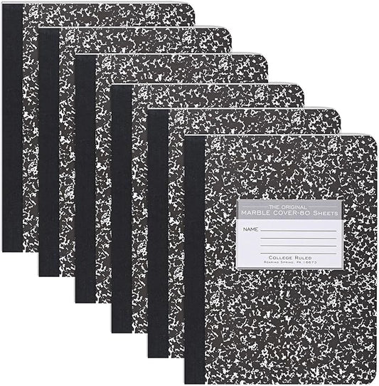 ROARING SPRING Hard Cover Composition Notebook, 6 Pack, Black Marble Comp Book, 9.75″ x 7.5″, College-Ruled with Margin, 80 Sheets (160 Pages), Made in USA