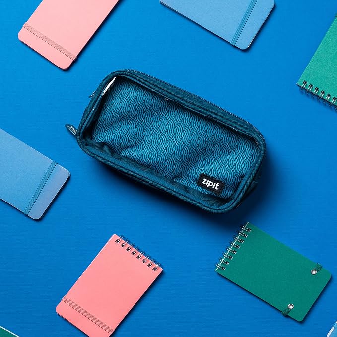 ZIPIT Half & Half Pencil Case, 3-Compartment Aesthetic Zipper Pouch, Teal | Clear-front pencil case for school, dedicated organizer panels, holds up to 70 pens & pencils, durable easy-care polyester