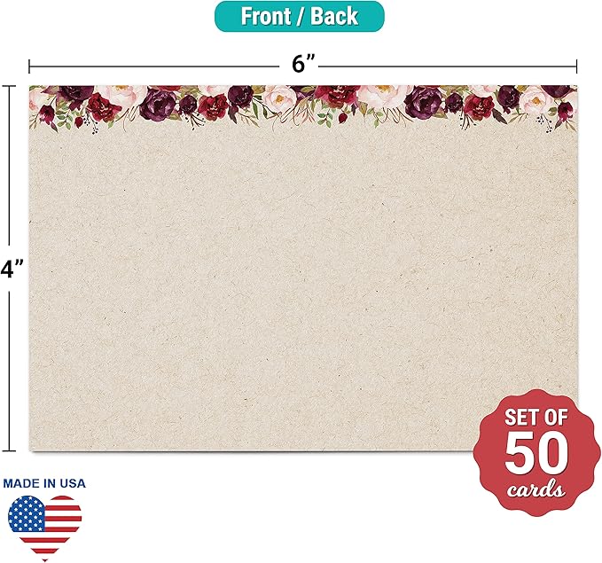 321Done Index Cards with Red Roses Floral Design - (50) 4x6 Kraft Cards - Blank, No Lines - For Studying, Learning, Notes, Messages, Notecards, Crafts & Card Making - Pretty, Cute - Made in USA
