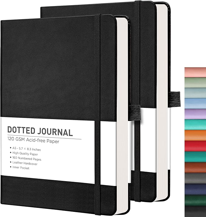 RETTACY Dotted Journal Notebook, 2-Pack, 160 Numbered Pages per Pack, A5 Medium Size (5.7'' x 8.3''), 120 GSM Thick Paper, Leather Hardcover, for Journaling, Planning, Tracking (Black & Black)
