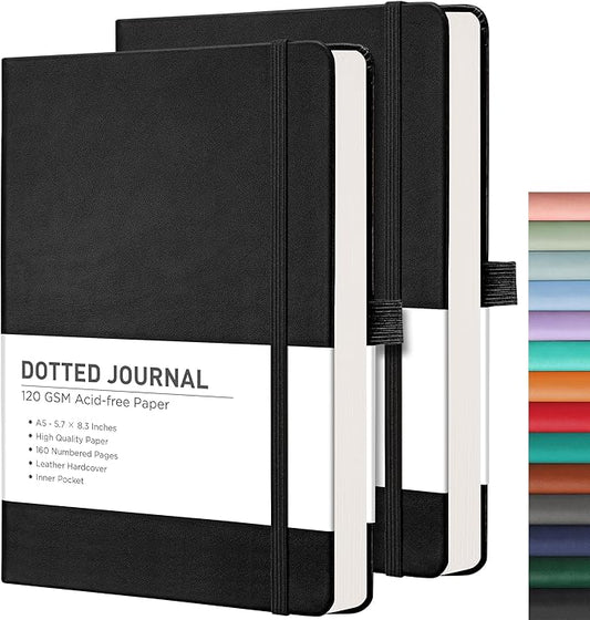 RETTACY Dotted Journal Notebook, 2-Pack, 160 Numbered Pages per Pack, A5 Medium Size (5.7'' x 8.3''), 120 GSM Thick Paper, Leather Hardcover, for Journaling, Planning, Tracking (Black & Black)