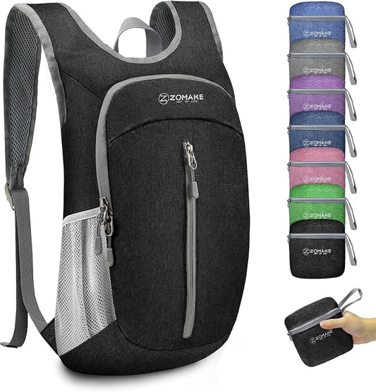 ZOMAKE 10L Ultra Lightweight Packable Backpack, Small Daypack Light Foldable Backpacks Water Resistant Day Bag for Hiking(Black) | Water Resistant Collapsible Backpacks for Women Men, Everyday Carry, Multi Compartment Storage, Adjustable Strap(Black A1)