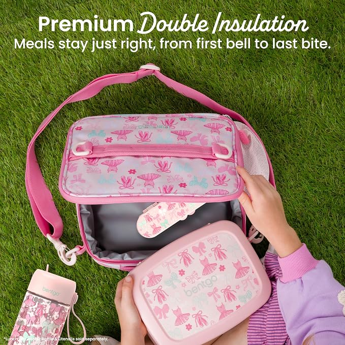 Bentgo Kids Prints Double-Insulated Reusable Lunch Bag | For Kids 3+, Adjustable Strap; Holds Lunch Box/Water Bottle/Snacks; Easy-Clean, Water-Resistant, Pockets (NEW Ballet & Bows)