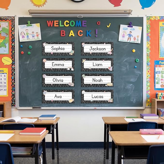 Gueevin 49 Pcs Back to School Magnetic Name Tag and Erasable Pencil, Composition Dry Erase Magnetic Labels Reusable Black Notebook Name Tags for Classroom Whiteboard Bulletin Board Refrigerator Craft