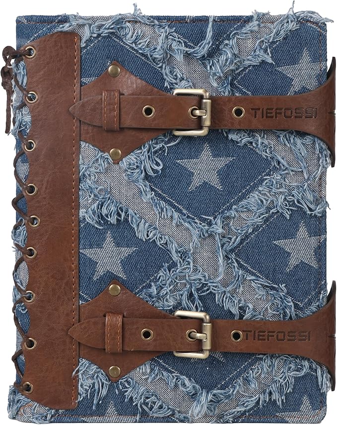 TIEFOSSI Denim Journal for Women Men, Vintage PU Leather Journals, College Ruled Notebook with 6 Ring Binder, Refillable Notebooks with Pockets for School Travel Sketch 7 x 9.2 in