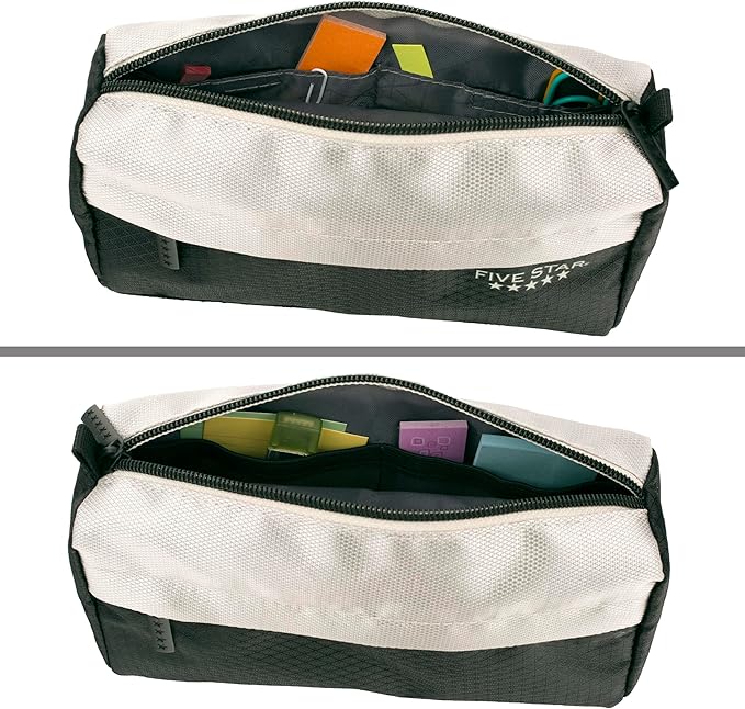 Five Star Pencil Pouch, Pen Case, 9-Pocket Zipper Pouch, Storage Organizer for School Supplies Earbuds Chargers Cables Makeup, Black/Grey (505600A-ECM)