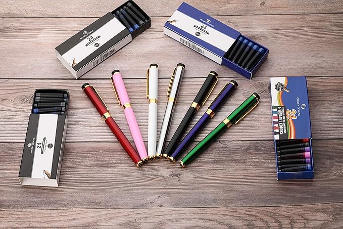 Dryden Designs Ink Cartridges for Fountain Pen | Set of 24 (12 Black & 12 Blue) - Short International Standard Size - Disposable and Generic Ink Refill Cartridges - Perfect for Calligraphy