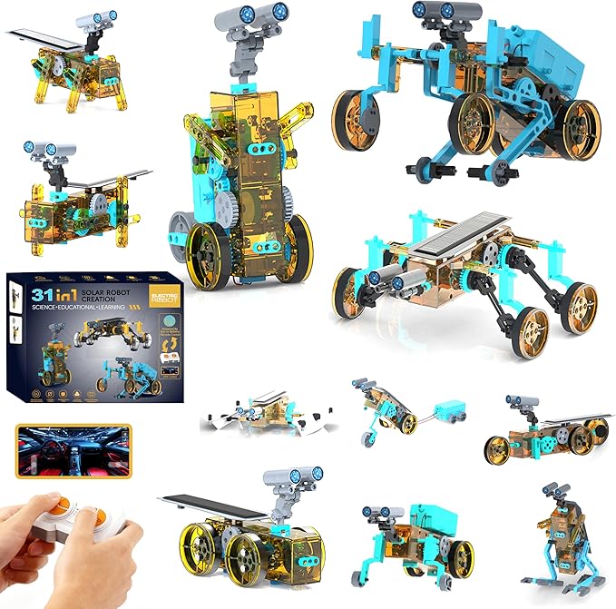 STEM 31-in-1 Educational Solar Remote Control Toy, Suitable for Boys Aged 8-14, Science Experiment Building Block Robot Toy, with Dual-Mode Switching Between Solar Power and Remote Control