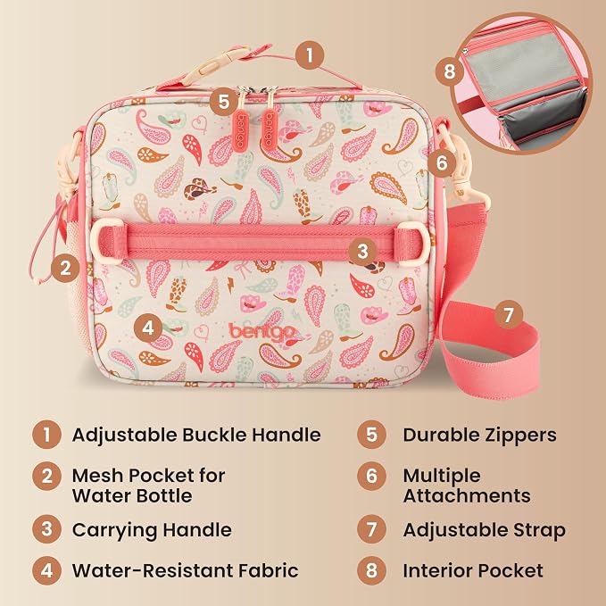 Bentgo Kids Prints Double-Insulated Reusable Lunch Bag | For Kids 3+, Adjustable Strap; Holds Lunch Box/Water Bottle/Snacks; Easy-Clean, Water-Resistant, Pockets (NEW Cowgirl Dreams)