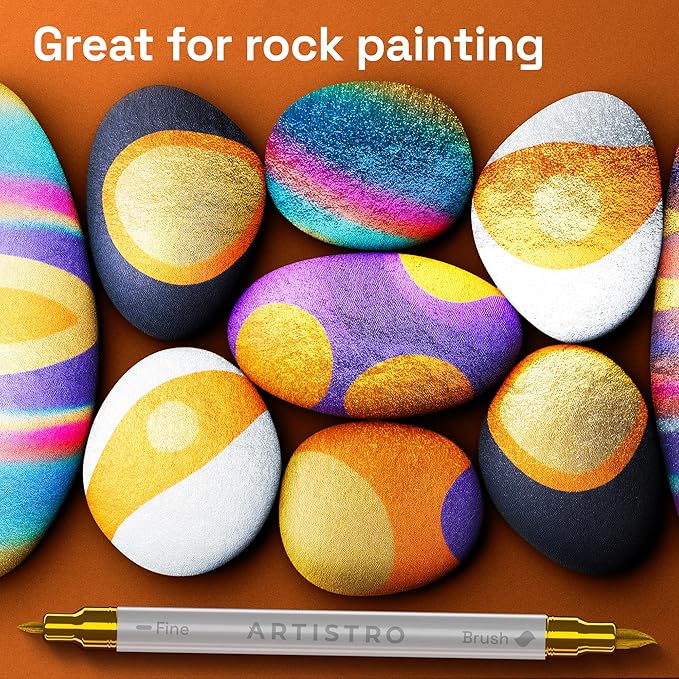 ARTISTRO 12 Metallic Acrylic Paint Markers - Paint Pens for Drawing, Brush + Fine Tips - For Fabric, Rock, Glass, Wood, DIY - Art & Craft Supplies for Adults, Teens, Kids - Teacher Appreciation Gift
