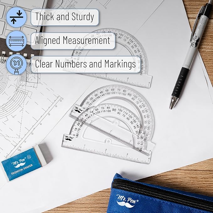 Mr. Pen- 360 Degree Protractor, 6 Inch, 2 Pack, Clear Full-Circle Protractors for Precise Angle Measurement, Ideal for Geometry, Math Class, Drafting, Engineering, and Technical Drawing