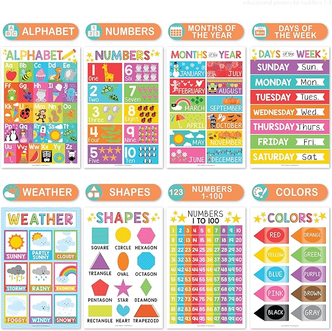 Hadley Designs 16 Educational Posters for Classroom Must Haves - Laminated Pre-K Posters for Toddler Homeschool Essentials, Toddler & Preschool Learning Activities, Kindergarten Classroom Decor