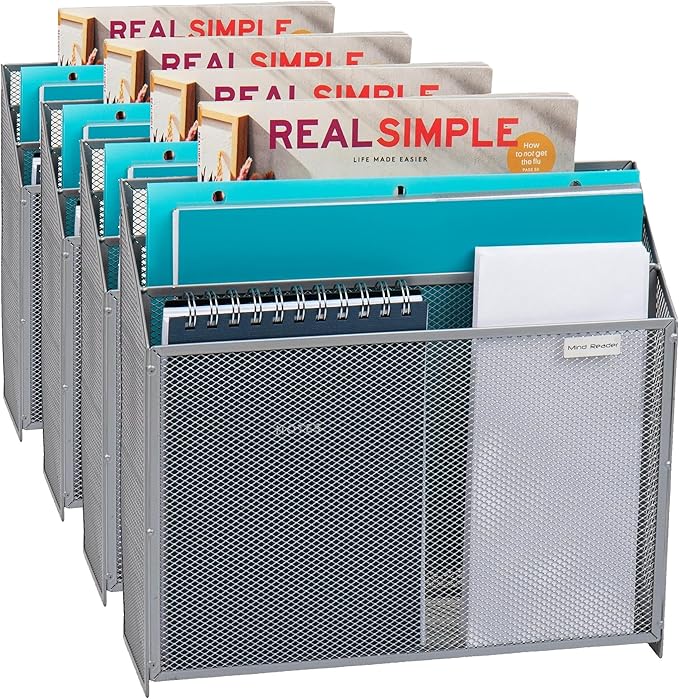Mind Reader Vertical File Storage, Desktop Organizer, Wall Mount, Office, Metal Mesh, 12.5" L x 3.75" W x 11.5" H, Silver (Pack of 4)