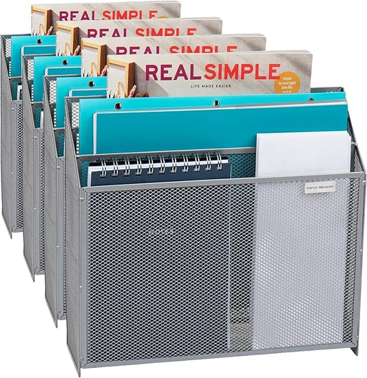 Mind Reader Vertical File Storage, Desktop Organizer, Wall Mount, Office, Metal Mesh, 12.5" L x 3.75" W x 11.5" H, Silver (Pack of 4)
