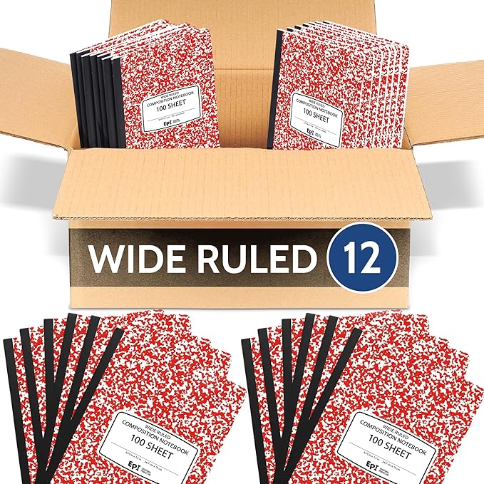 12 Pack - EPI Wide Ruled Marble Composition Notebook - Red 200 Page Note Book - 9.75 x 7.5 Inch Hardcover Journal with Sewn Binding for Secure Pages - Classroom Back to School Supplies