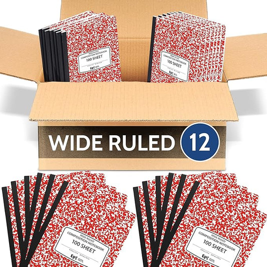 12 Pack - EPI Wide Ruled Marble Composition Notebook - Red 200 Page Note Book - 9.75 x 7.5 Inch Hardcover Journal with Sewn Binding for Secure Pages - Classroom Back to School Supplies