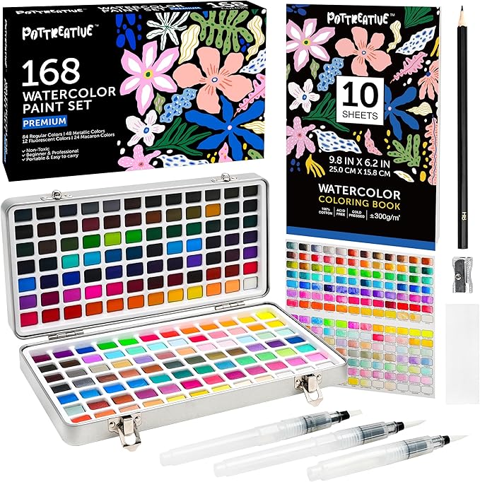 168 Solid Watercolor Paint Set with Brushes and Blank Coloring Book, Archival Art Supplies for Professionals - Christmas, Birthday, Artist Present
