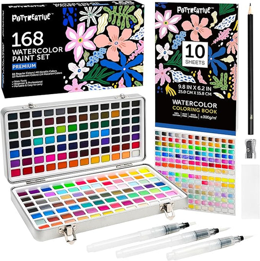 168 Solid Watercolor Paint Set with Brushes and Blank Coloring Book, Archival Art Supplies for Professionals - Christmas, Birthday, Artist Present