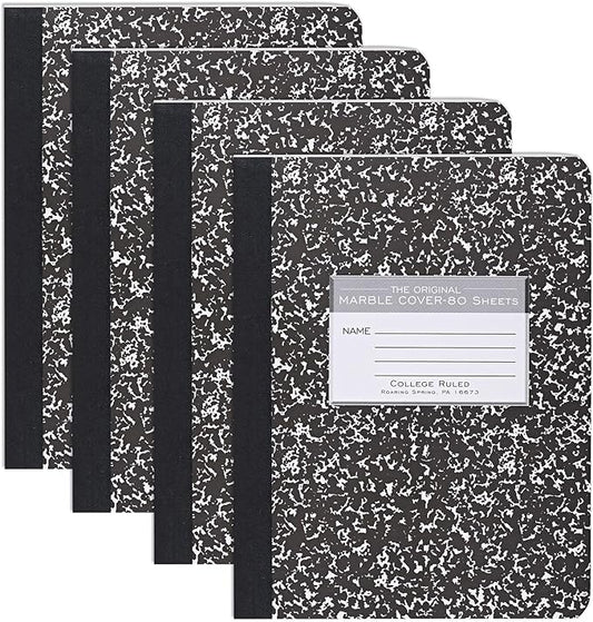 ROARING SPRING Hard Cover Composition Notebook, 4 Pack, Black Marble Comp Book, 9.75″ x 7.5″, College-Ruled with Margin, 80 Sheets (160 Pages), Made in USA