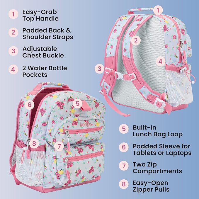 Bentgo Kids Print Backpack - Lightweight 14” Backpack for School, Travel & Daycare, Ideal for Ages 4+, Durable & Water-Resistant, Roomy Interior, & Loop for Lunch Bag (NEW Blooming Floral)