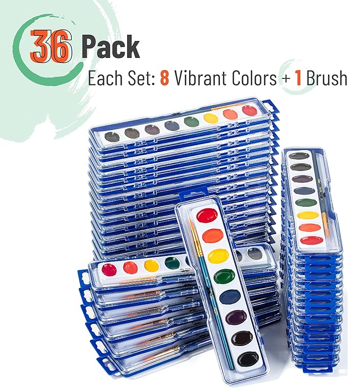Mr. Pen- Washable Watercolors, 36 Pack, 8 Colors with Paint Brush, Bulk Watercolor Paint Set, Water Color Painting Kids, Watercolors for Kids and Adults