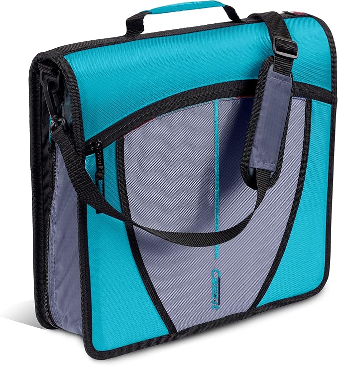 Case-it Mighty Zip Tab School Zipper Binder | 3-Inch O-Rings, 600-Sheet Capacity, 5-Subject Expanding File Folder, Multiple Pockets & Storage Organizer, Shoulder Strap | D-146 Aqua Marine