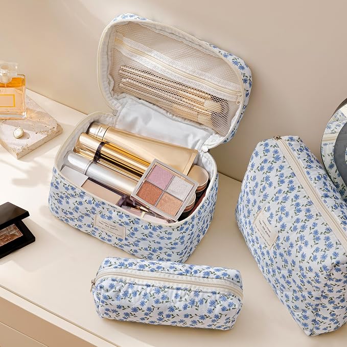 HBselect Quilted Makeup Bag, 3Pcs Cotton Large Travel Makeup Bags Organizer | Cute Floral Make up Bag Cosmetic Bag Toiletry Bag for Women Girls, Makeup Pouch for Skincare, Brushes & Travel Essentials