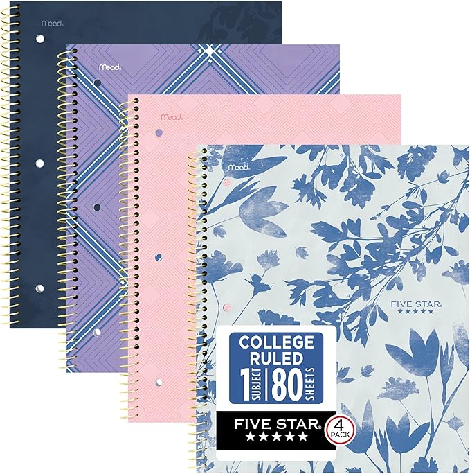 Five Star Spiral Notebook + Study App, 1 Subject, College Ruled Paper, 8-1/2" x 11", 80 Sheets, Styles, 4 Pack (850222F)