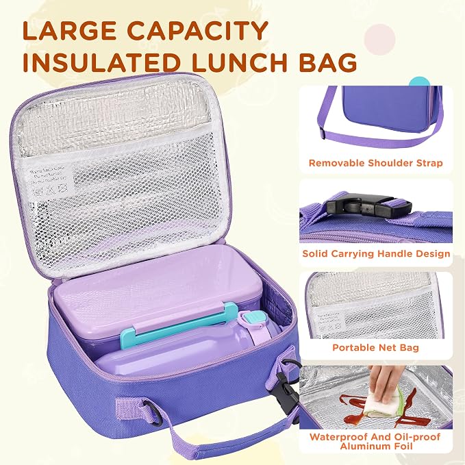 MAISON HUIS Bento Box for Kids with 8oz Soup Thermo, Insulated Lunch Bag & 17oz Water Bottle, 2-Compartment Bento Box with Built-In Ice Pack, Leak-Proof & BPA-Free (Purple)