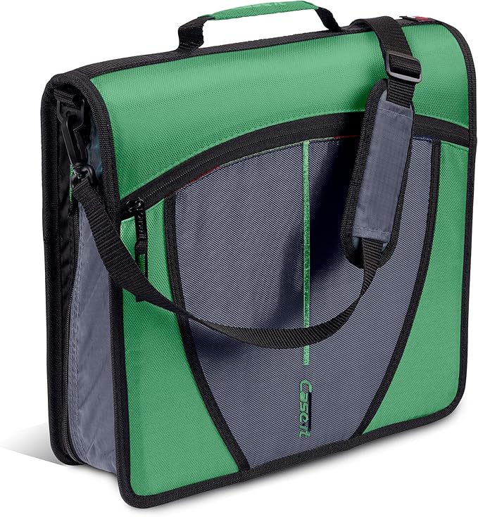 Case-it Mighty Zip Tab School Zipper Binder | 3-Inch O-Rings, 600-Sheet Capacity, 5-Subject Expanding File Folder, Multiple Pockets & Storage Organizer, Shoulder Strap | D-146 Canopy Green (Pack of 6)
