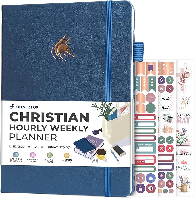 Clever Fox Christian Hourly Weekly Planner – Goal Setting Planner with Time Slots, Monthly Budget, Sermon Notes, Bible Reading Tracker (Mystic Blue)