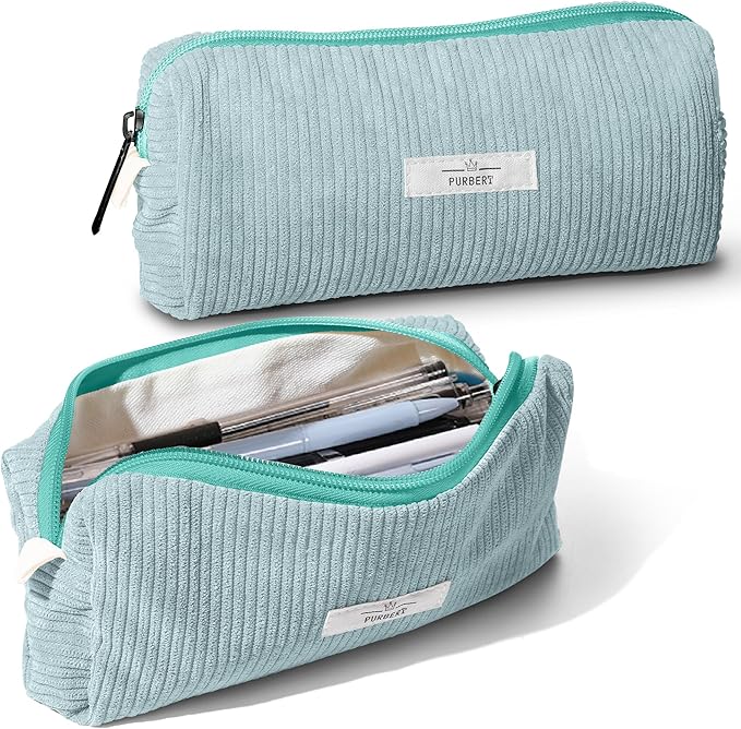 Pencil Bag Pen Case, Soft Corduroy Small Pencil Pouch Organizer with Zipper, Cute Pencil Case Pouch Stationery for Girls and Boys – Light Blue