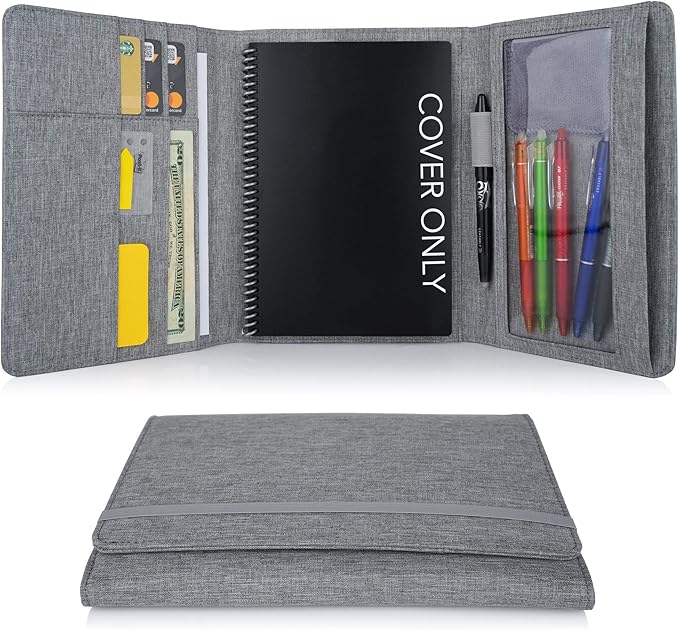 Folio Cover Compatible with Rocketbook Fusion, Everlast, Wave, Multi Organizer with Pen Loop, Zipper Pocket, Business Card Holder, Waterproof Fabric, Executive Size, Gray