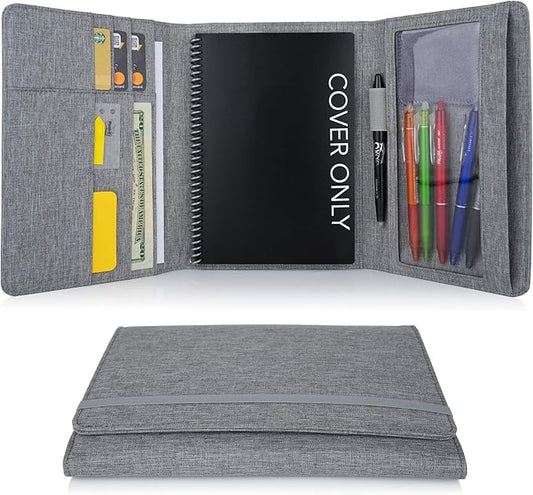 Folio Cover Compatible with Rocketbook Fusion, Everlast, Wave, Multi Organizer with Pen Loop, Zipper Pocket, Business Card Holder, Waterproof Fabric, Executive Size, Gray
