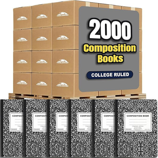 Trail maker Bulk Composition Notebooks (2,000 Pack), College Ruled Marble Cover, 200 Pages (100 Sheets), 9.75 x 7.5, Bulk School Supplies for Classroom, Office & School Donations